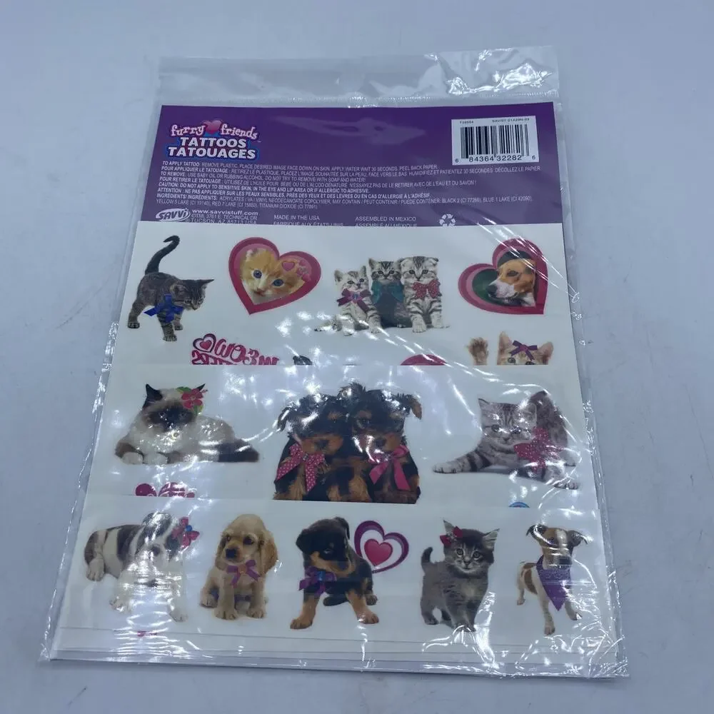 Kids Temporary Tattoos Furry Friends Dogs Cats Puppies Kittens 25 Tattoos